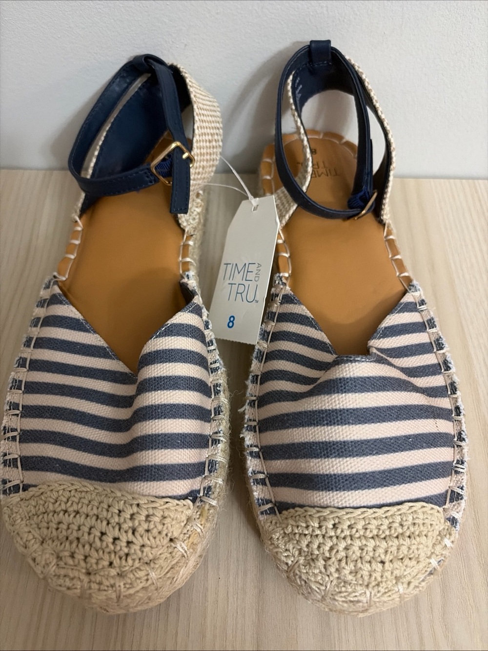 Time and Tru Navy Stripe Ankle-Strap Espadrille Flats size 8